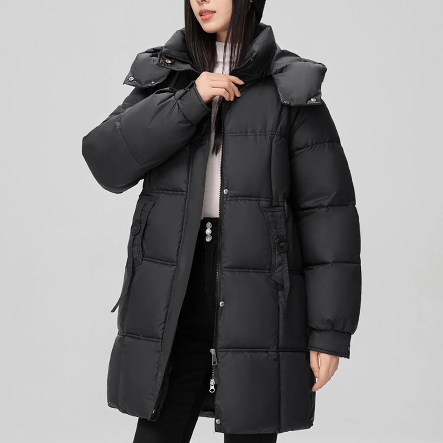 XUNRYAN Puffer Jacket Womens Mid Long Winter Warm Down Coat Quilted Lightweight Hooded Thicken Parka Anorak Cotton Overcoat